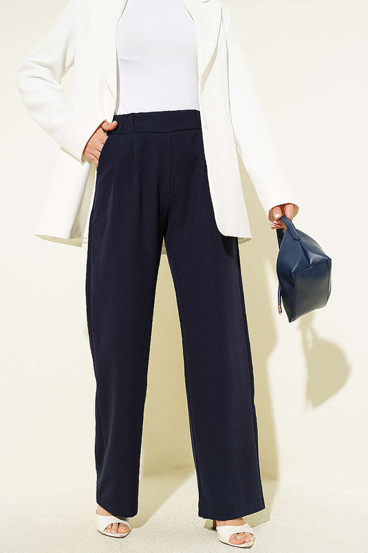 Achetez pantalon à taille élastique avec pinces avant bleu marine