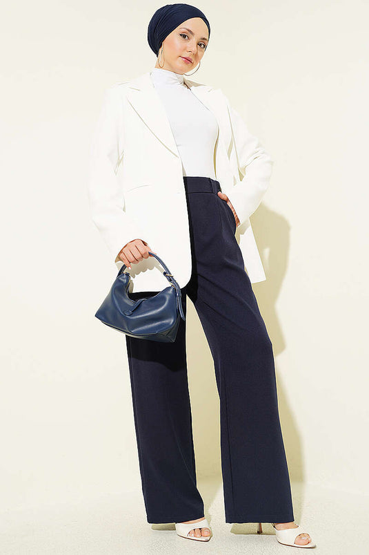 Achetez pantalon à taille élastique avec pinces avant bleu marine