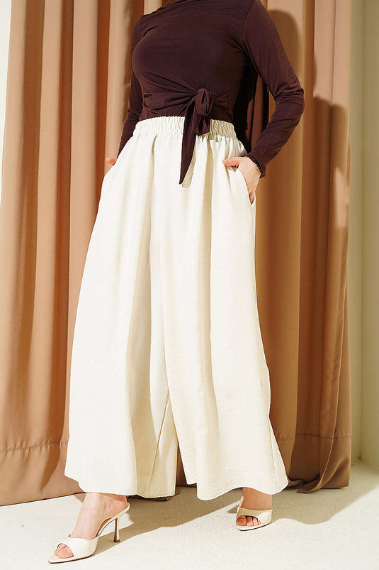 Beli Lastikli Oversize Paçalı Pantolon Bej