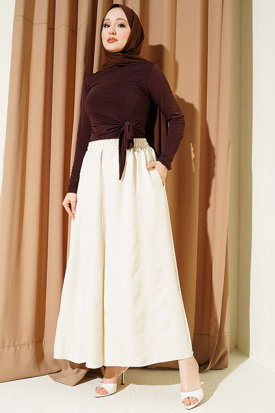 Beli Lastikli Oversize Paçalı Pantolon Bej