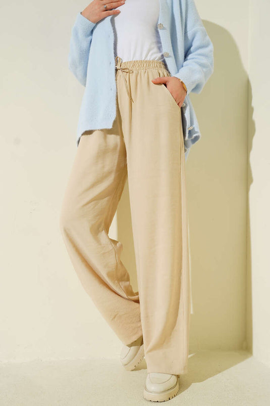 Palazzo-Hose mit elastischem Bund, Beige
