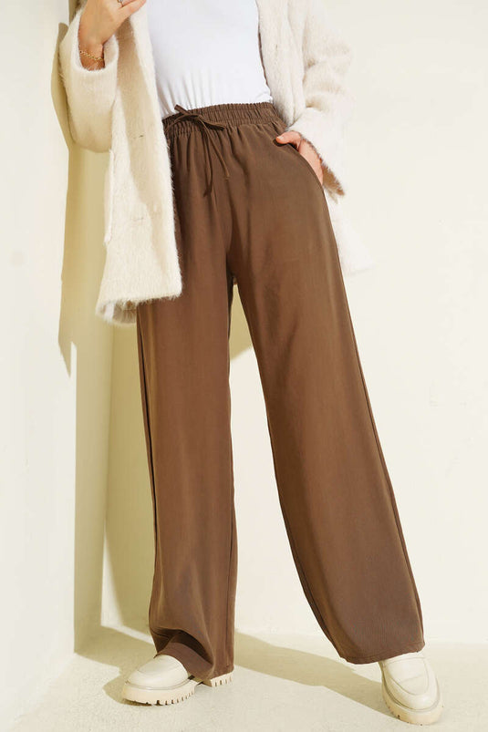 Beli Lastikli Palazzo Pantolon Kahve