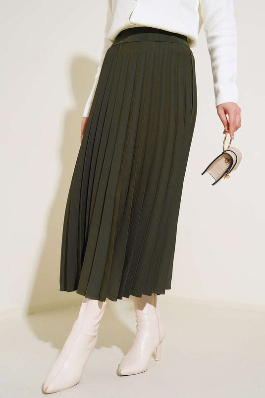 Jupe plissée kaki à taille élastique
