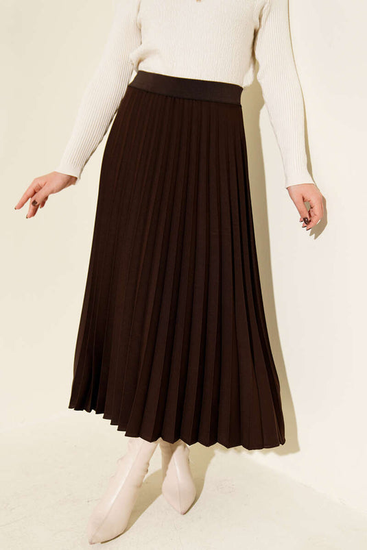 Beli Lastikli Pileli Etek Kahve