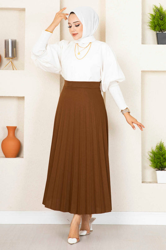 Pleated Hijab Skirt with Elastic Waistband, Brown