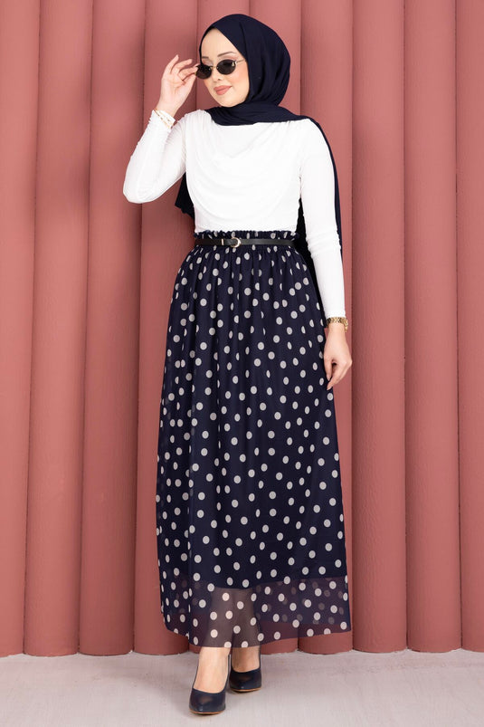 Acheter jupe d'été en tulle chiffon à pois avec élastique bleu marine