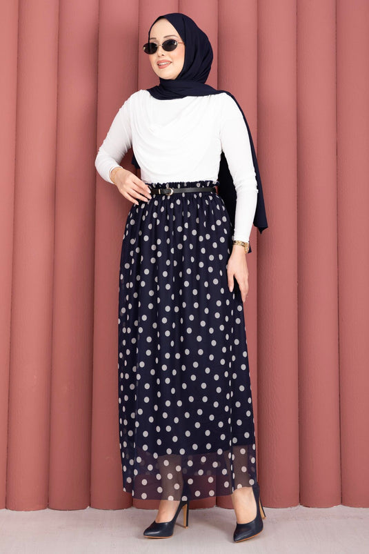 Acheter jupe d'été en tulle chiffon à pois avec élastique bleu marine