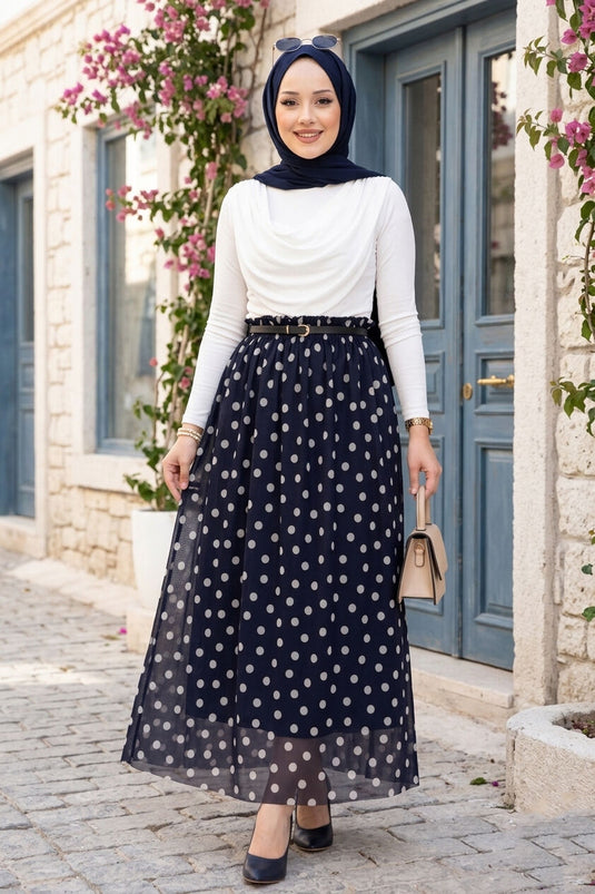 Acheter jupe d'été en tulle chiffon à pois avec élastique bleu marine
