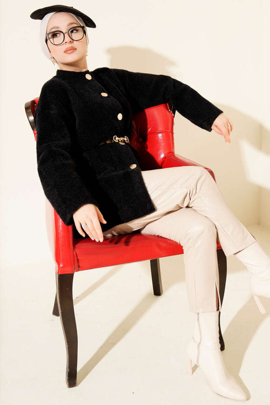 Elastic Waist Soft and Fluffy Cardigan, Black