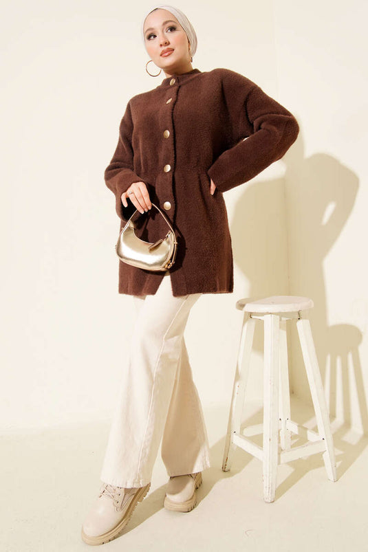 Cardigan doux à capuche avec cordon élastique, couleur café