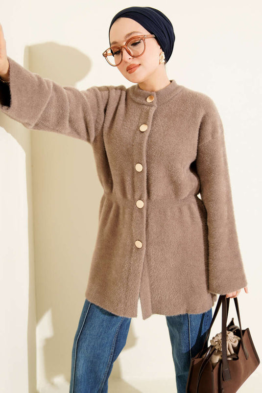 Soft, Fluffy Cardigan with Elastic Waistband and Bearded Design, Milky Coffee Color