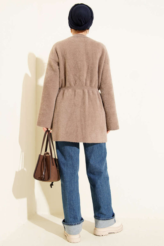 Soft, Fluffy Cardigan with Elastic Waistband and Bearded Design, Milky Coffee Color