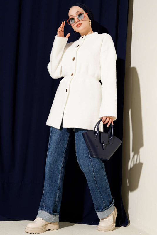 Elastic Waist Soft Cardigan with Beard Design, Ecru