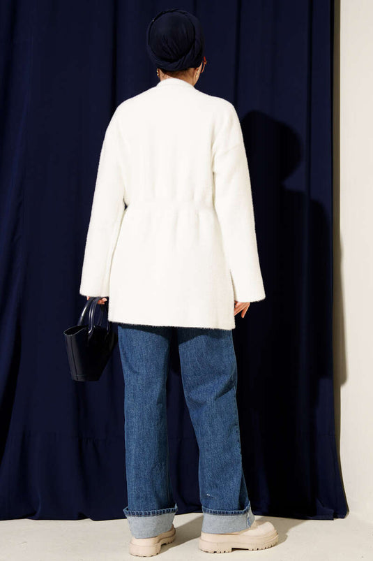 Elastic Waist Soft Cardigan with Beard Design, Ecru