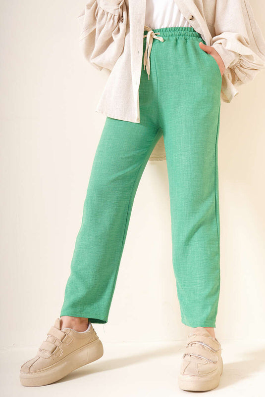 Green Elastic Waist Loose Pants