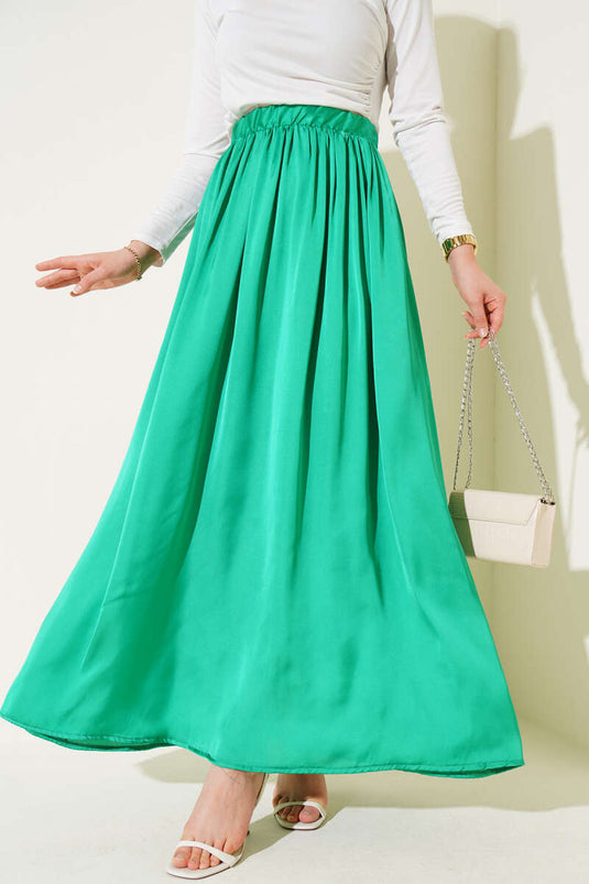 Elastic Waist Satin Flared Skirt Green