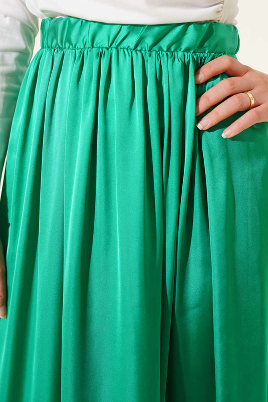 Elastic Waist Satin Flared Skirt Green
