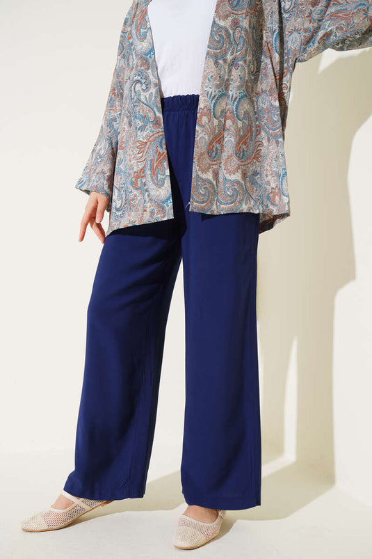 Elastic Waist Tencel Trousers Navy Blue