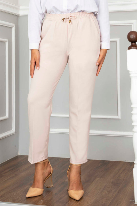 Beige Elastic Waist Modest Pants