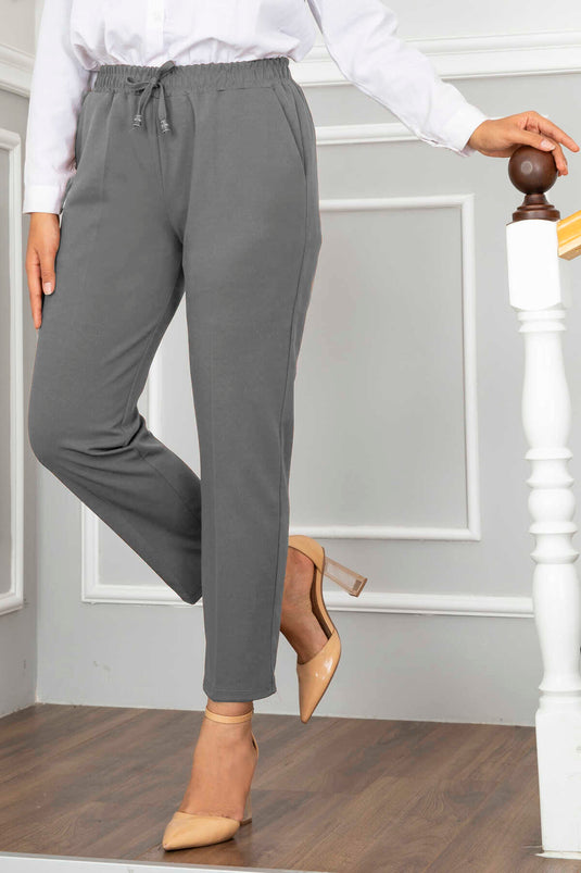 Gray Elastic Waist Modest Pants