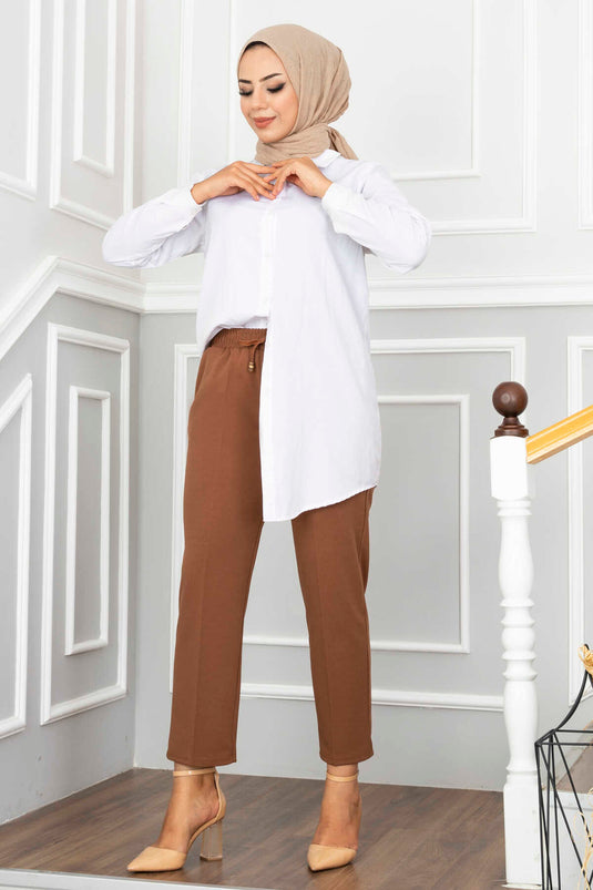 Brown Elastic Waist Modest Pants