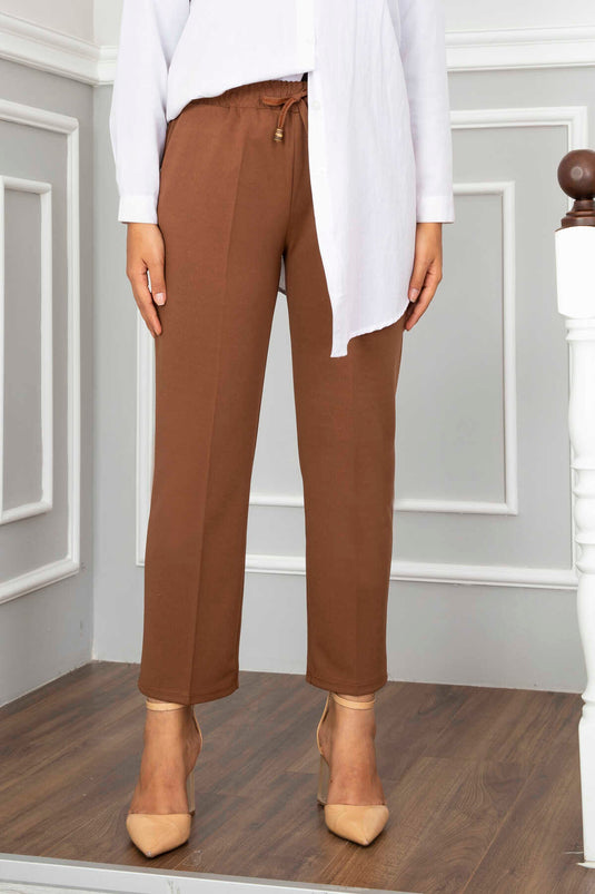 Brown Elastic Waist Modest Pants