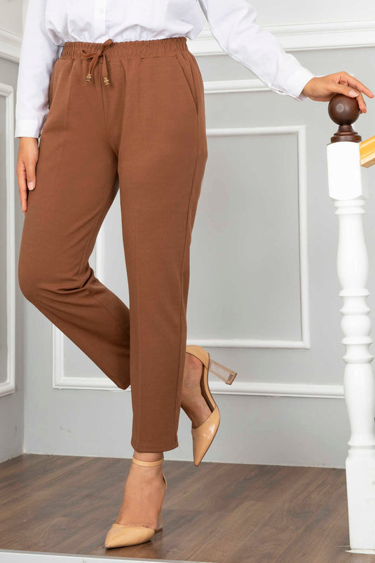 Brown Elastic Waist Modest Pants