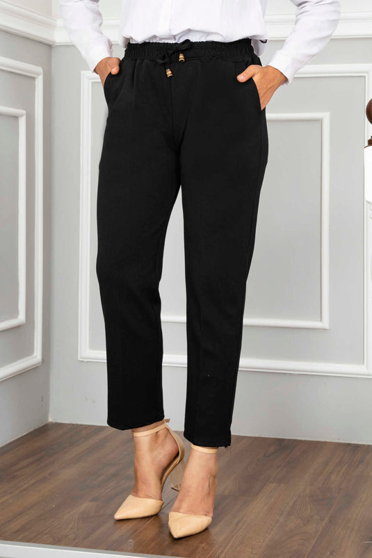 Black Elastic Waist Modest Trousers