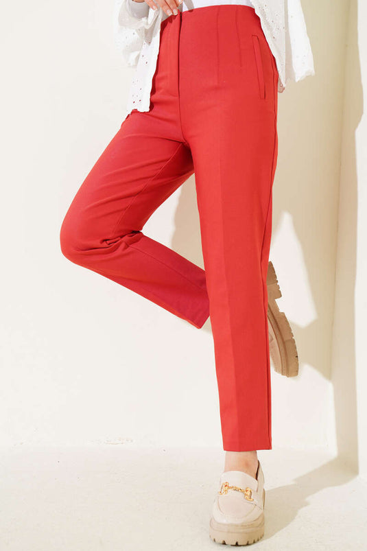 Pantalon skinny en tissu à taille à pinces Brique