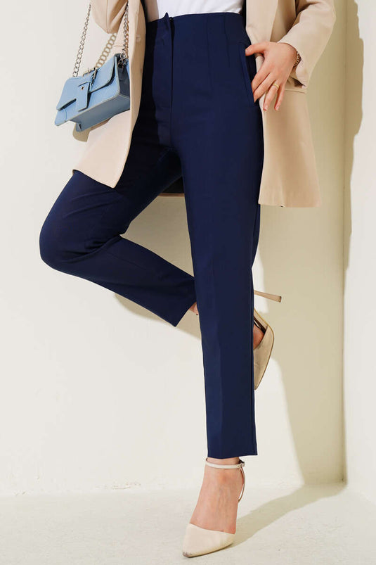 Buy Pencil Leg Fabric Trousers Navy Blue