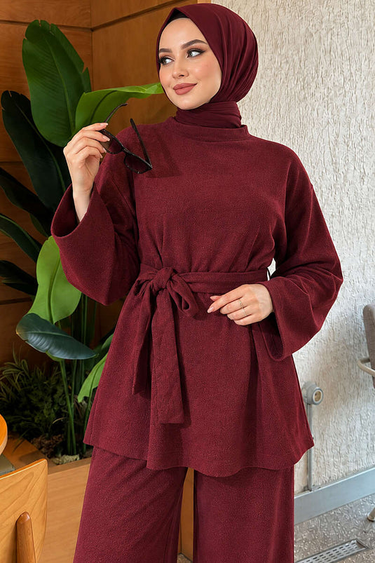 Beli Pensli Kuşaklı Basic İkili Takım Bordo