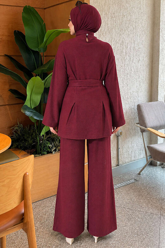 Beli Pensli Kuşaklı Basic İkili Takım Bordo