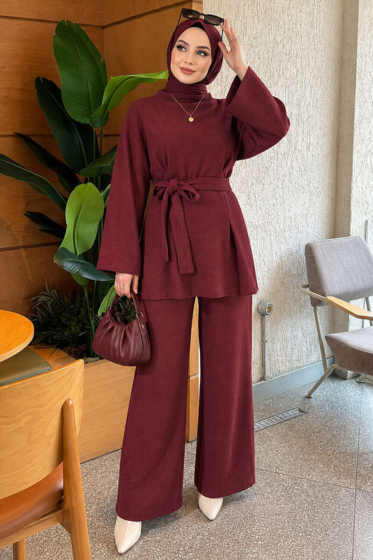 Beli Pensli Kuşaklı Basic İkili Takım Bordo