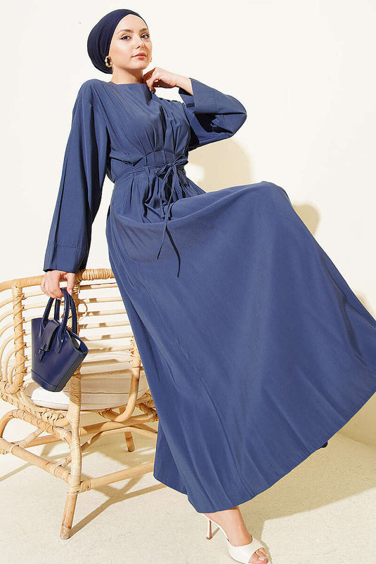 Buy Pencil Pleated Drawstring Waist Modal Dress Navy Blue
