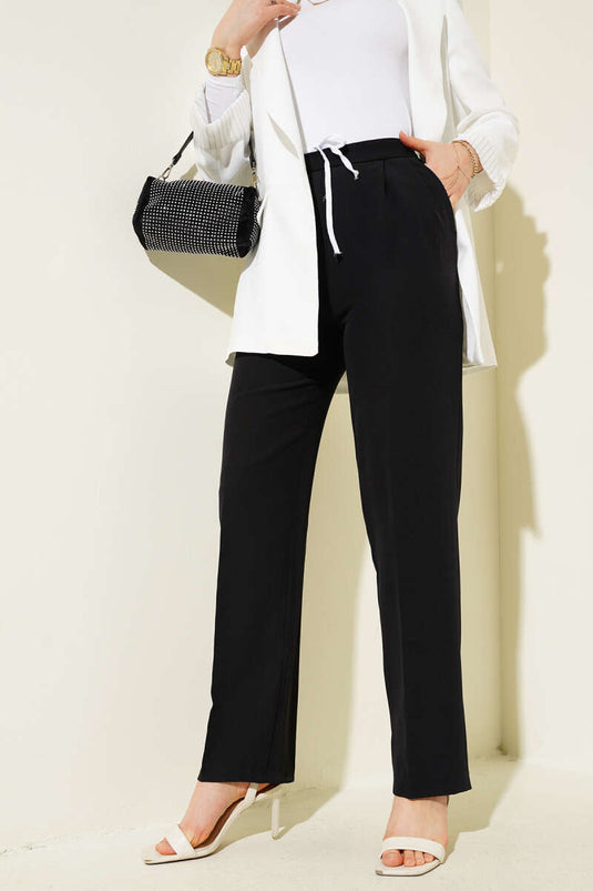 Beli Saten Bağcıklı Pantolon Siyah