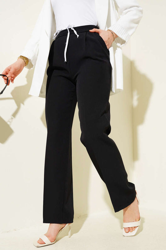 Beli Saten Bağcıklı Pantolon Siyah
