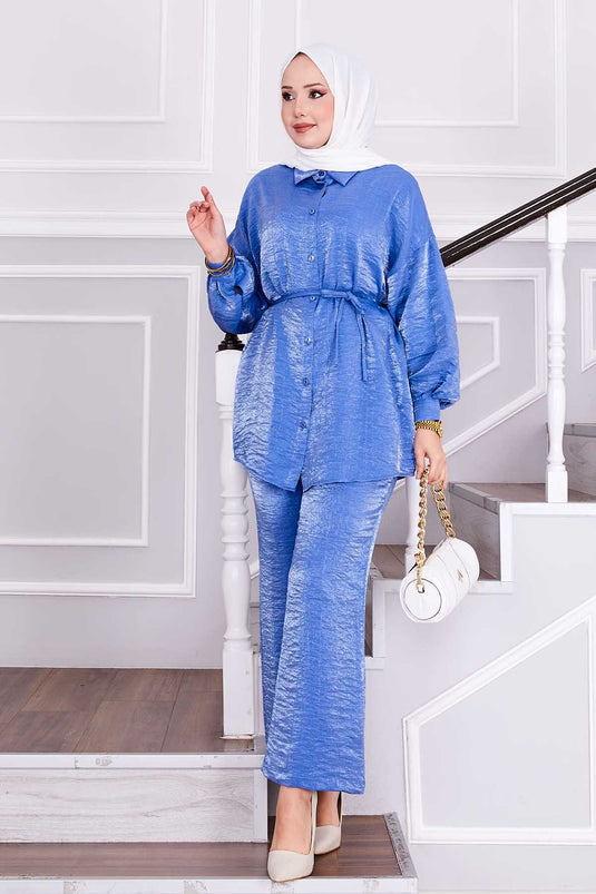 طقم بنطلون من قطعتين قابل للإزالة من الخصر مع رباط، نيلي