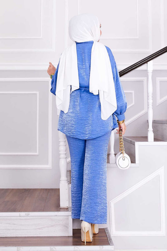 طقم بنطلون من قطعتين قابل للإزالة من الخصر مع رباط، نيلي