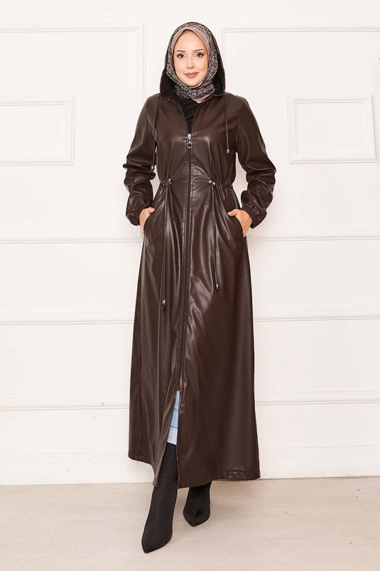 Beli Tünel Kuşaklı Kapüşonlu Deri Kap Kahve