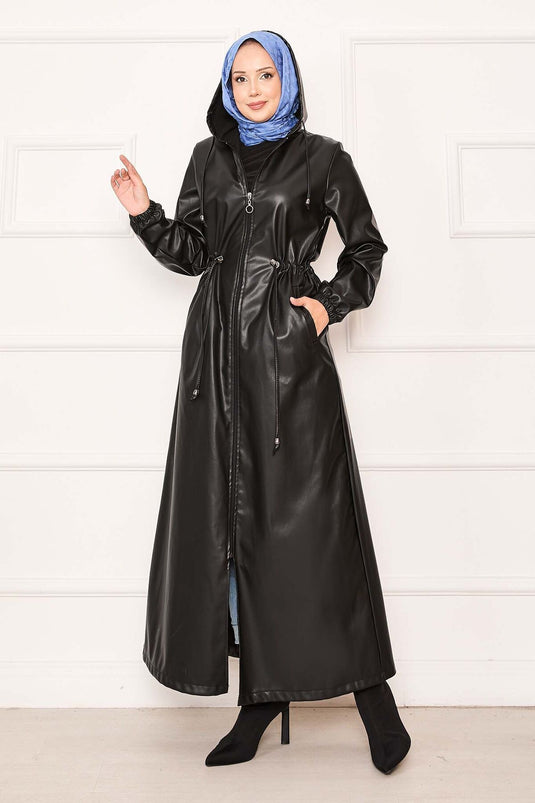 Waist Tunnel Belted Hooded Leather Cape Black