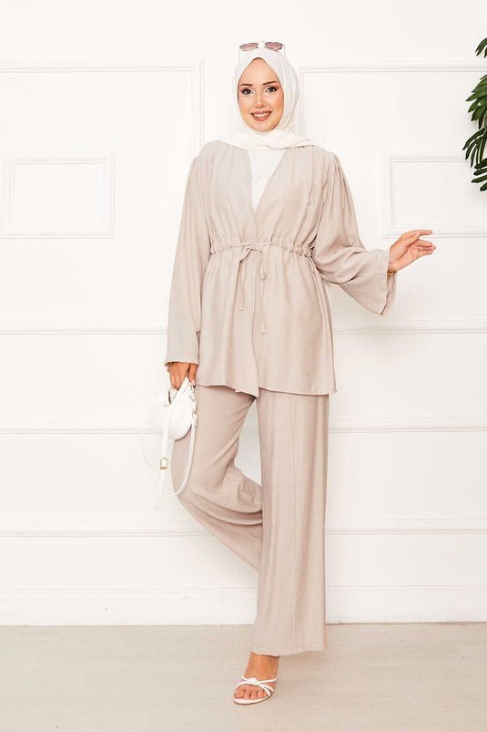 Beli Tünel Kuşaklı Kimono İkili Takım Bej