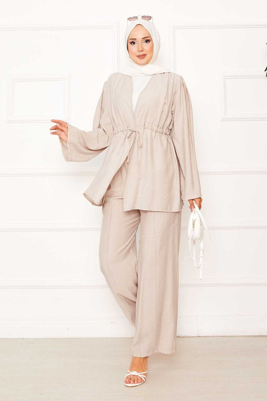 Zweiteiliger Kimono mit Tunnelzug und Gürtel in Beige