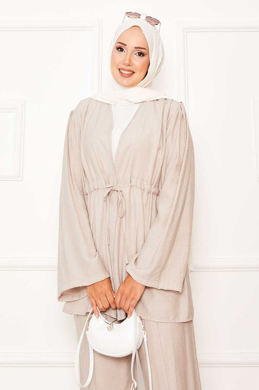 Beli Tünel Kuşaklı Kimono İkili Takım Bej