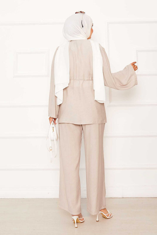 Zweiteiliger Kimono mit Tunnelzug und Gürtel in Beige