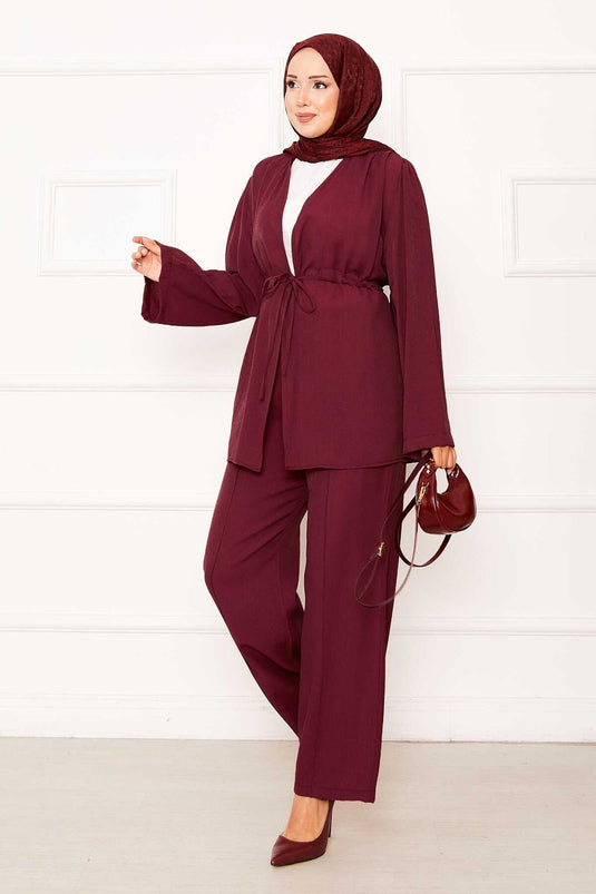 Ensemble deux pièces kimono avec ceinture et tunnel à la taille bordeaux