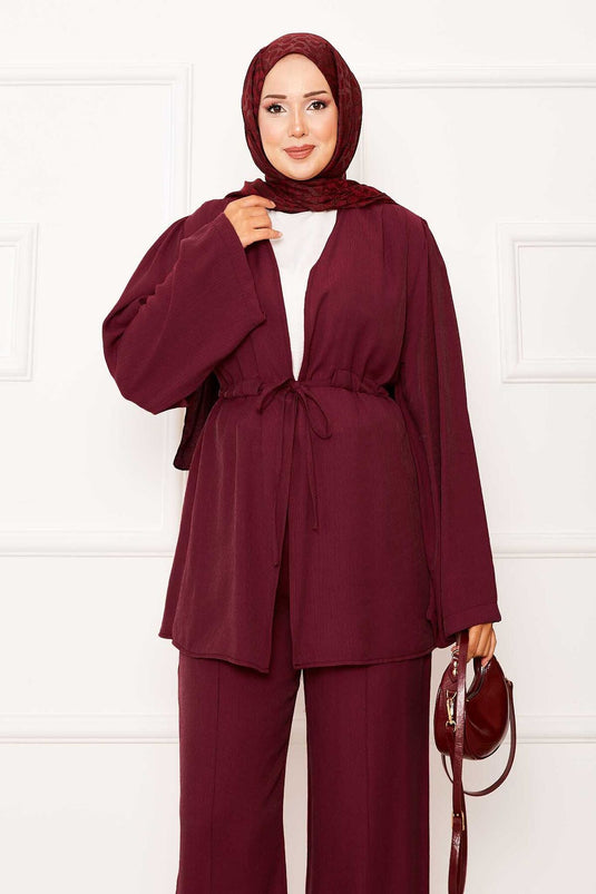 Beli Tünel Kuşaklı Kimono İkili Takım Bordo