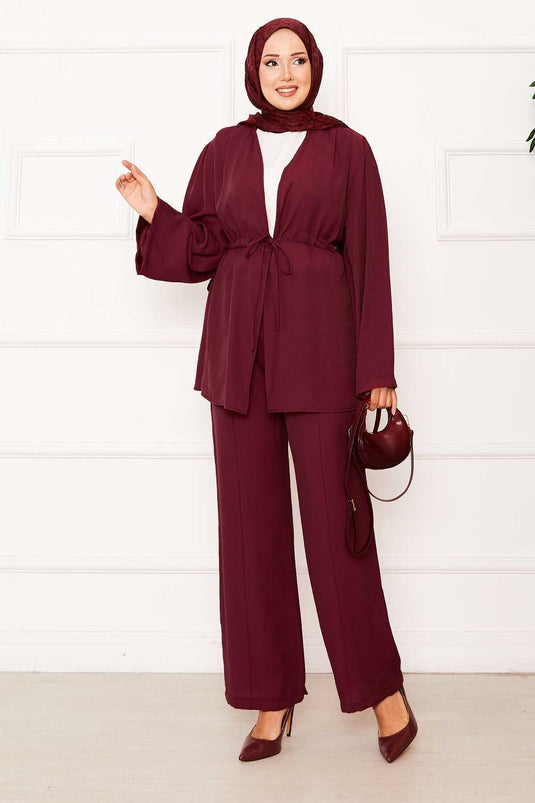 Beli Tünel Kuşaklı Kimono İkili Takım Bordo