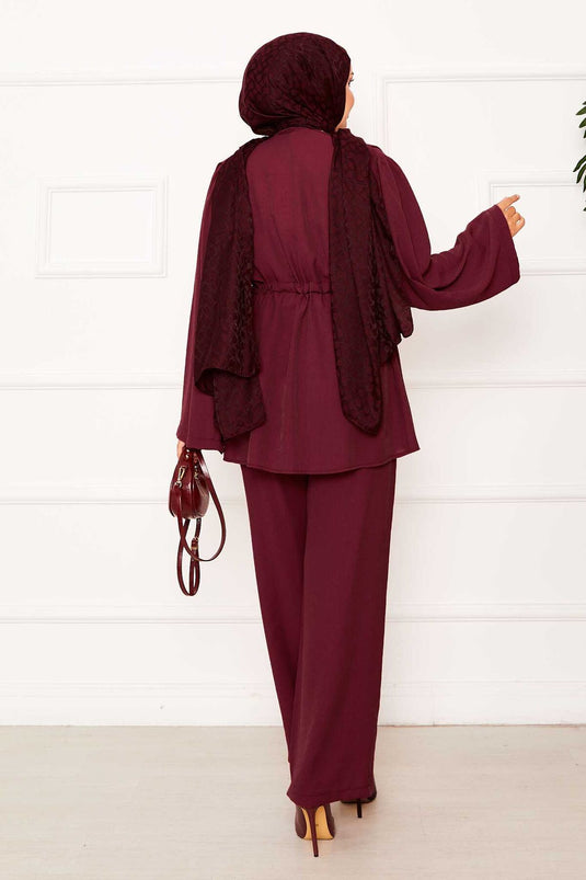 Ensemble deux pièces kimono avec ceinture et tunnel à la taille bordeaux