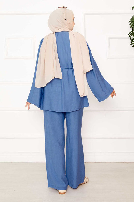 Zweiteiliger Kimono mit Tunnelzug und Gürtel in Blau