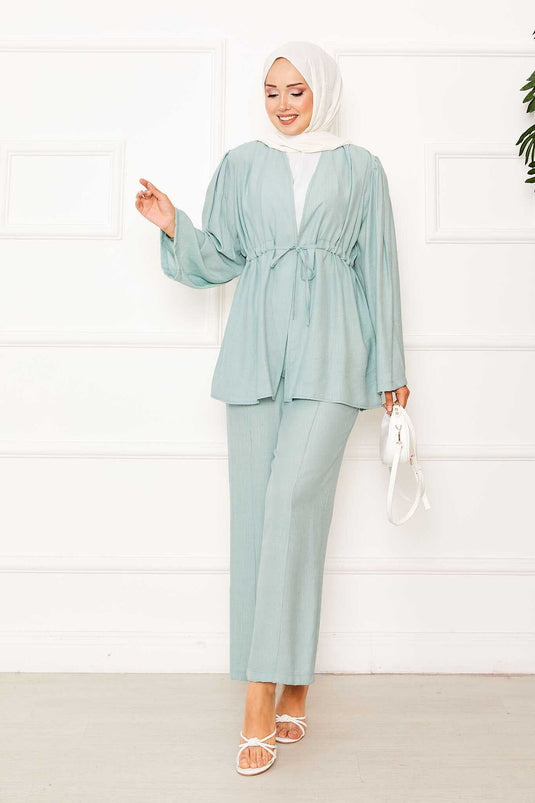 Beli Tünel Kuşaklı Kimono İkili Takım Mint